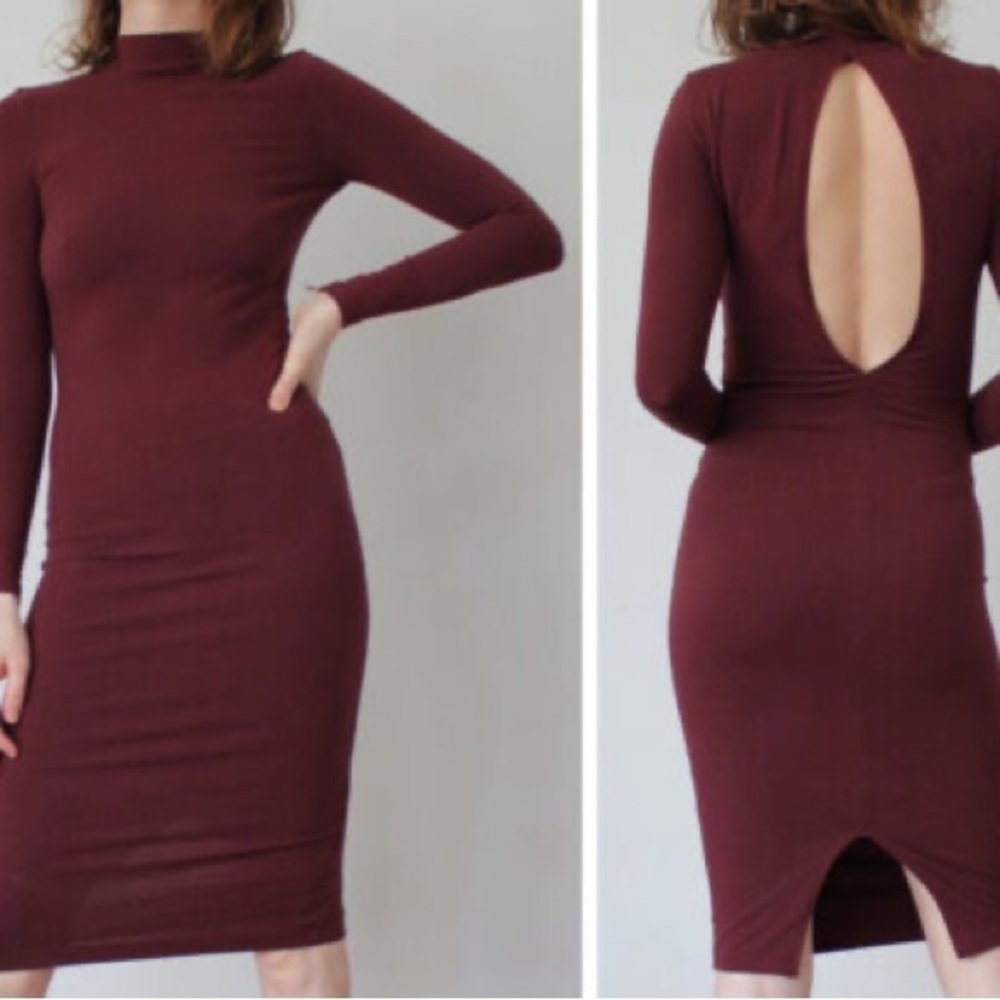 American Apparel Burgundy Long Sleeve Dress Open Back Slit Sz M NWOT